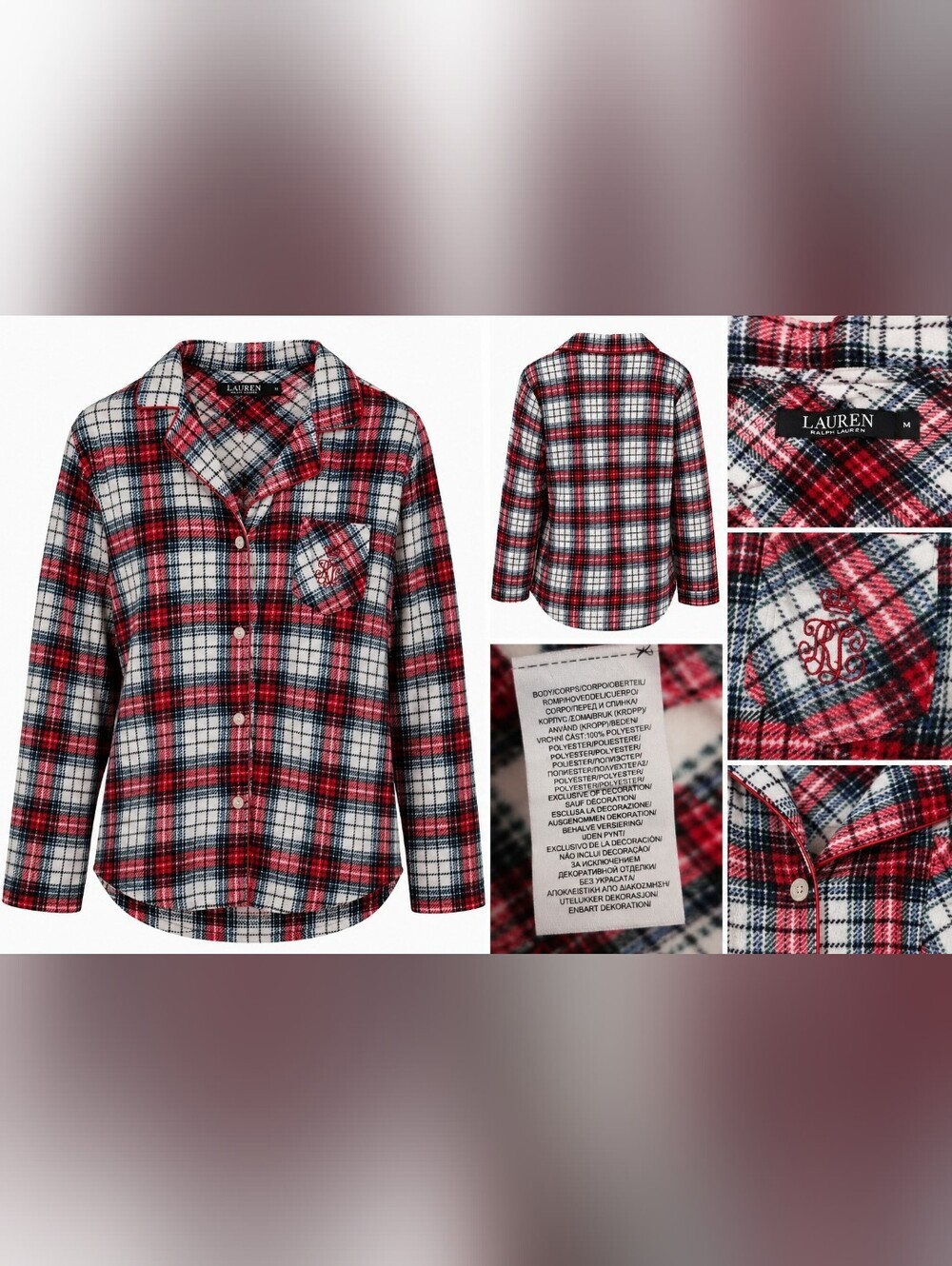 Lauren Ralph Lauren Plaid Pajama Top Women M Red White Blue Fleece Monogram.